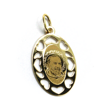 Load image into Gallery viewer, 18k yellow gold oval flat medal 16x23mm Saint Pio of Pietrelcina hearts pendant.