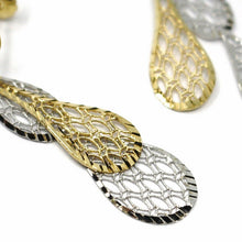 Load image into Gallery viewer, 18K YELLOW WHITE GOLD PENDANT EARRINGS, DOUBLE WORKED OVERLAPPED DROPS, 4.5cm.