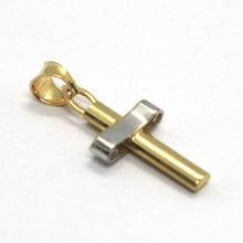 Load image into Gallery viewer, 18K YELLOW WHITE GOLD MINI TUBE FINELY SATIN AND ALTERNATE CROSS, MADE IN ITALY.