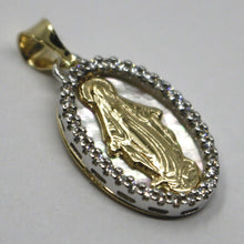Load image into Gallery viewer, 18k yellow white gold medal, virgin Mary, miraculous, mother of pearl, zirconia.