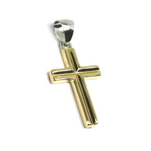 Load image into Gallery viewer, 18K YELLOW WHITE GOLD CROSS, SQUARED 25mm, 0.98 inches, CARVED TUBE ITALY MADE.