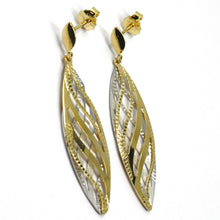 Load image into Gallery viewer, 18K YELLOW WHITE GOLD PENDANT EARRINGS WORKED WAVY DOUBLE OVAL LEAF 4.5cm, 1.8".