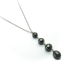 Load image into Gallery viewer, 18k white gold lariat necklace rolo chain fw round oval drop black pearl pendant.