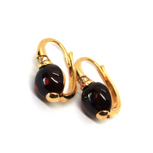 Load image into Gallery viewer, 18k rose gold 17mm leverback pendant earrings cabochon red garnet and diamonds.
