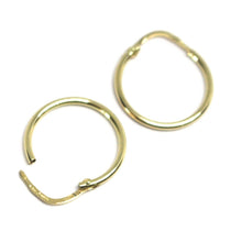 Load image into Gallery viewer, 18K YELLOW GOLD ROUND CIRCLE HOOP SMALL EARRINGS DIAMETER 15mm x 1.2mm, ITALY.