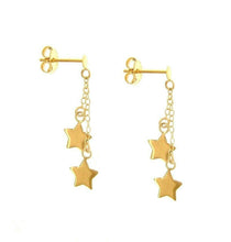 Load image into Gallery viewer, SOLID 18K YELLOW GOLD EARRINGS, DOUBLE PENDANT, FLAT 6mm STARS, LENGTH 3cm 1.2&quot;.
