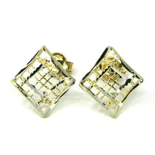 Load image into Gallery viewer, SOLID 18K YELLOW WHITE GOLD EARRINGS, WAVY, 13x12 mm, WORKED RHOMBUS, STRIPED.