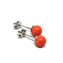 Load image into Gallery viewer, 18k white gold balls spheres red reconstructed coral button earrings 6mm, 0.24".