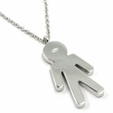 Load image into Gallery viewer, 18k white gold necklace, baby, child, boy, son pendant with diamonds rolo chain.