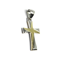 Load image into Gallery viewer, 18K YELLOW WHITE GOLD CROSS, SQUARED 25mm, 0.98 inches, SMOOTH, TUBE ITALY MADE.