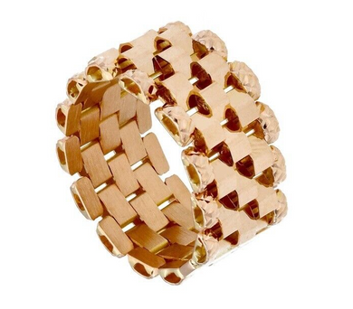 18k rose gold band chain link cable mesh ring, 5 wires, smooth and hammered.
