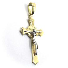 Load image into Gallery viewer, SOLID 18K YELLOW WHITE GOLD TRILOBE CROSS WITH JESUS & SAINT BENEDICT MEDAL 34mm.