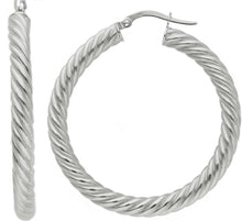 Charger l'image dans la galerie, 18K WHITE GOLD HOOPS EARRINGS DIAMETER 35mm, TUBE 4mm STRIPED TWISTED BRAIDED.