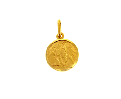 18k yellow gold Senora Lady of Lourdes small 11 mm round medal Virgin Mary pendant.