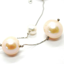 Load image into Gallery viewer, 18k white gold lariat necklace, venetian chain white & peach big pearls 16 mm.