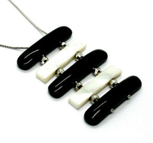 Load image into Gallery viewer, 18k white gold lariat necklace black white onyx and mother of pearl bar pendant.