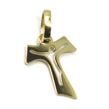 Load image into Gallery viewer, 18k yellow gold cross, Franciscan tau tao Saint Francis with Jesus, 0.6 inches.