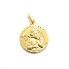 Load image into Gallery viewer, solid 18k yellow gold Guardian Angel small 13mm medal, pendant, very detailed.