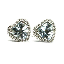 Load image into Gallery viewer, 18k white gold love heart earrings aquamarine with diamonds frame, diameter 9 mm.
