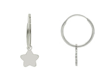 Load image into Gallery viewer, 18k white gold earrings, round 14mm circle hoops, small pendant 8mm stars.
