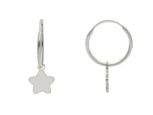 Load image into Gallery viewer, 18k white gold earrings, round 14mm circle hoops, small pendant 8mm stars.