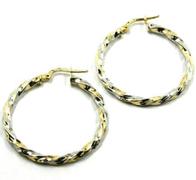 Load image into Gallery viewer, 18K YELLOW WHITE GOLD CIRCLE HOOPS PENDANT EARRINGS, 3 cm x 3mm TWISTED, BRAIDED.