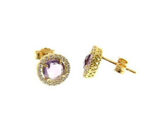 Cargar imagen en el visor de la galería, 18K YELLOW GOLD EARRINGS CUSHION ROUND PURPLE AMETHYST AND CUBIC ZIRCONIA FRAME.
