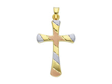 Load image into Gallery viewer, 18K YELLOW WHITE ROSE GOLD HOLLOW 23mm CROSS, ROUNDED SATIN WORKED MADE IN ITALY.