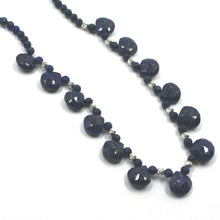Charger l'image dans la galerie, 18K WHITE GOLD NECKLACE 16.5", FACETED 3mm ROUND AND 7mm DROPS LAPIS LAZULI.