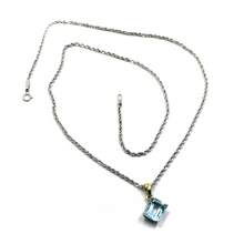 Cargar imagen en el visor de la galería, 18k white yellow gold square blue topaz emerald cut pendant rope chain necklace.
