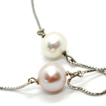 Load image into Gallery viewer, 18k white gold lariat necklace venetian chain purple & white pearls 8.5 mm.