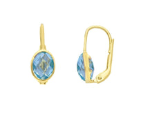 Load image into Gallery viewer, 18k yellow gold pendant leverback earrings oval blue topaz cushion cut, 20mm.