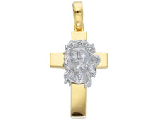 Load image into Gallery viewer, SOLID 18K YELLOW SQUARE GOLD CROSS 2.5cm 1", WITH FINELY WORKED WHITE JESUS FACE.