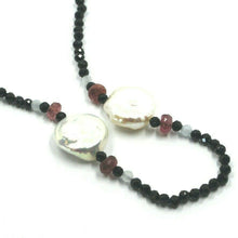 Load image into Gallery viewer, 18k white gold long 35" necklace aquamarine spinel tourmaline & pearl disc.