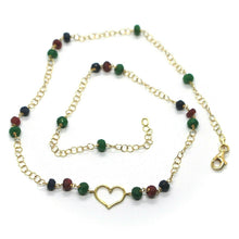 Load image into Gallery viewer, 18k yellow gold heart necklace, faceted green emerald, red ruby, blue sapphire.