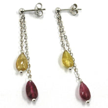 Charger l'image dans la galerie, 18k white gold pendant earrings, yellow and purple drop tourmaline, two wires.