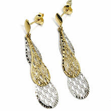Load image into Gallery viewer, 18K YELLOW WHITE GOLD PENDANT EARRINGS, DOUBLE WORKED OVERLAPPED DROPS, 4.5cm.