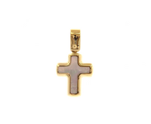Load image into Gallery viewer, 18k yellow gold small 13mm rounded stylized cross with mother of pearl pendant.