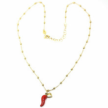 Load image into Gallery viewer, 18K YELLOW GOLD NECKLACE RED ENAMEL MINI HORN CORNICELLO & HEART PENDANT SPHERE BALLS CHAIN.