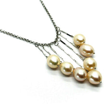 Load image into Gallery viewer, 18k white gold lariat necklace 7 pendant waterfall wires oval pink pearls, rolo.