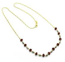 Cargar imagen en el visor de la galería, 18k yellow gold 18" necklace faceted red ruby disc, rolo cube chain, white balls.