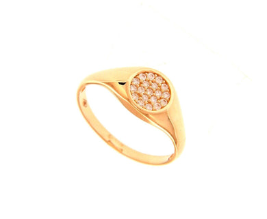 18k rose gold band chevalier zirconia ring, central 7mm disc.