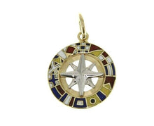 Load image into Gallery viewer, solid 18k yellow gold compass wind rose pendant 1.5cm 0.6" enamel nautical flags.