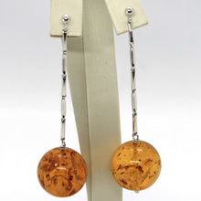 Load image into Gallery viewer, 18k white gold pendant earrings, big orange amber 18 mm spheres, 2.7 inches.
