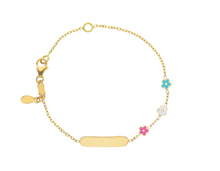 Load image into Gallery viewer, 18k yellow gold kid child girl baby bracelet enamel 3 flowers, plate rolo chain.
