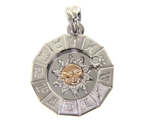 Load image into Gallery viewer, 18k white & rose gold zodiac sign round 23mm diamond sun zodiacal medal pendant.