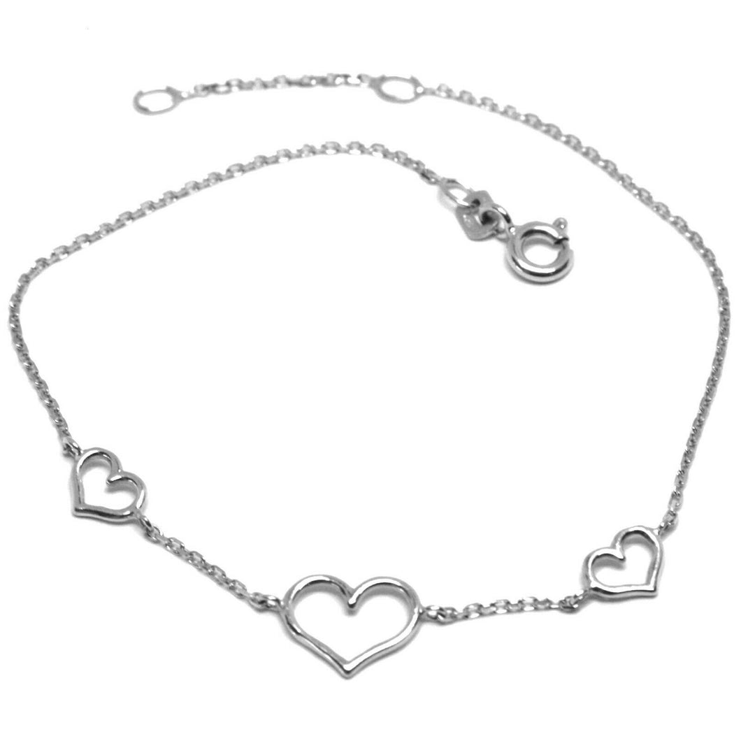 18k white gold square rolo mini bracelet, 7.5 inches, 3 hearts, made in Italy.