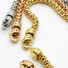 Load image into Gallery viewer, 3 18K ROSE YELLOW WHITE GOLD BRACELETS 7.3 INCHES, BASKET WEAVE, POPCORN 4 MM.