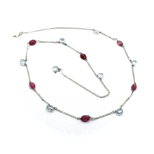 Cargar imagen en el visor de la galería, 18k white gold 19" oval necklace faceted 6mm aquamarine drops purple tourmaline.