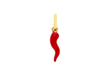 Load image into Gallery viewer, 18K YELLOW GOLD RED ENAMEL HORN CORNICELLO SMALL 12mm PENDANT, MADE IN ITALY.